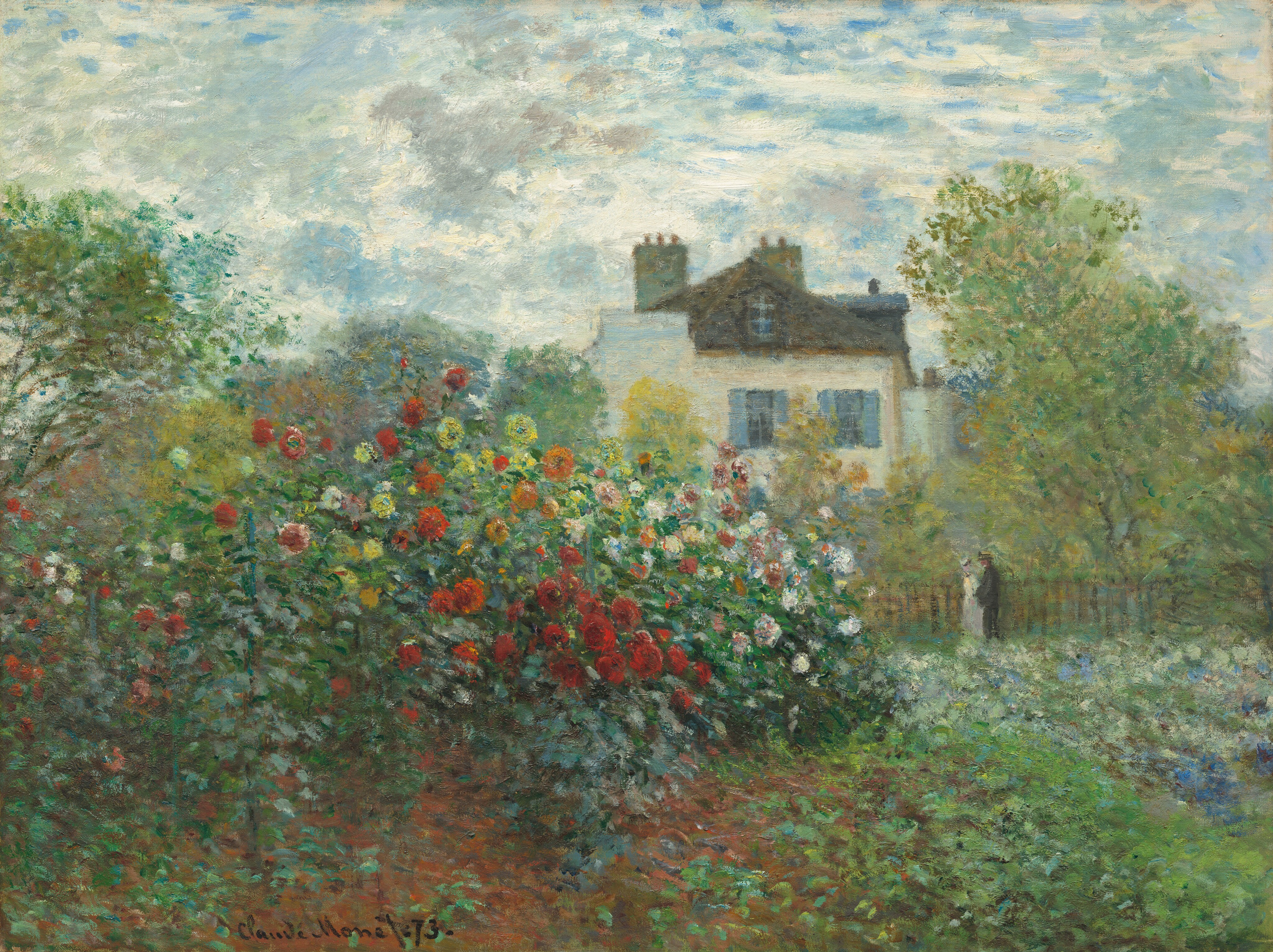 Claude Monet's painting of a bride and groom in a garden with dahlias.